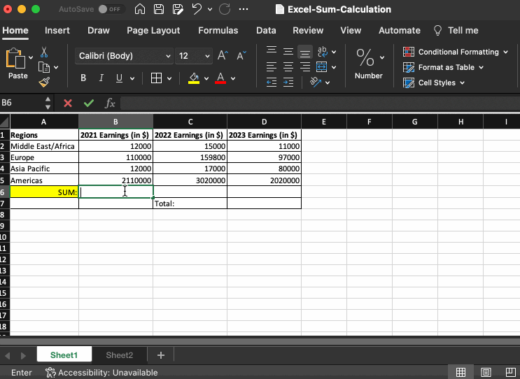 Calculate SUM using Formula in Excel on Mac